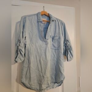 Soft Chambray Denim Tunic Shirt - Lightweight, Rolled Sleeves